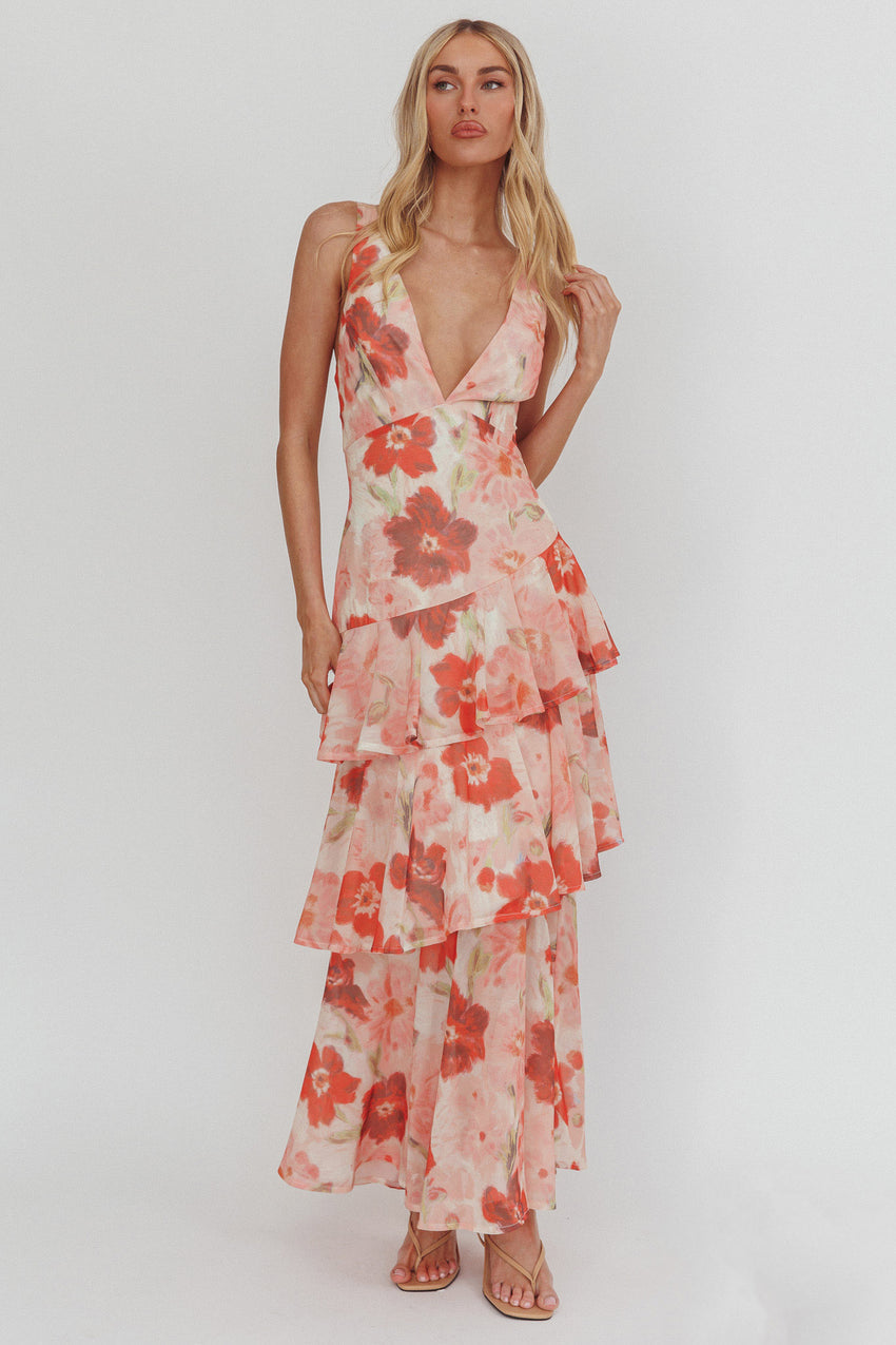 Veda Strappy Back Ruffle Maxi Dress Poppies Red
