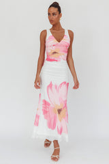 Oliana V-Neck Mesh Maxi Dress Hibiscus White/Pink
