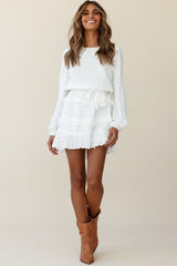 Dusk Long Sleeve Waist Tie Frill Dress White