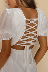 Charade Puff Sleeve Wrap Skirt Corset Back Dress White