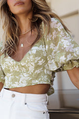 Rosetta Puff Sleeve Keyhole Back Crop Top Floral Print Olive