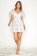 Lovers Lane Lace Trim Puff Sleeve Dress Floral Pink