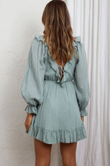 Hooked On A Feeling Long Sleeve String Tie Back Mini Dress Sage