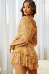 True Love Long Balloon Sleeve Layered Flounce Romper Floral Print Mustard