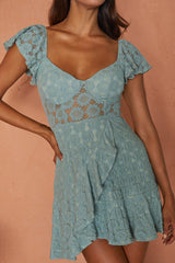 Secret Crush Flutter Sleeve Floral Lace Ruffle Hem Dress Mint