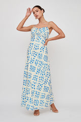 Anja Frill Trim Maxi Dress Print Cream Blue