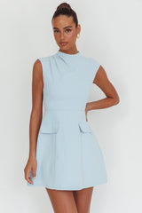 Thandi Pleat Shoulder Faux Pocket Mini Dress Steel Blue