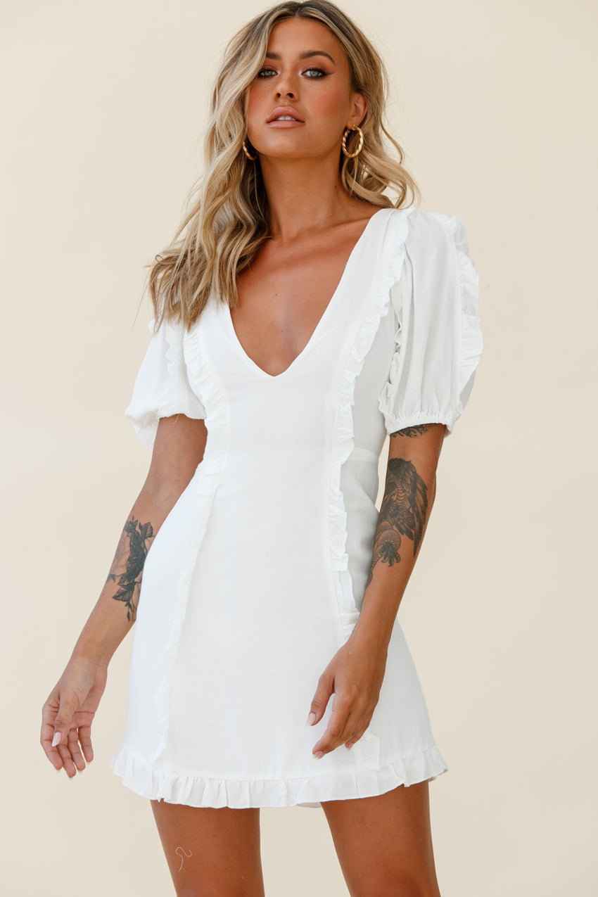 Maisy Puff Sleeve Frill Trim Dress White