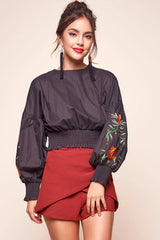 Halle Floral Puff Sleeved Cropped Top Black