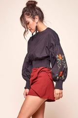 Halle Floral Puff Sleeved Cropped Top Black