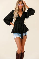 Macy Fit & Flare Wrap Top Stripe Pattern Black