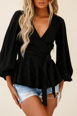 Macy Fit & Flare Wrap Top Stripe Pattern Black