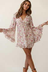 Perri Bell Sleeve Twist Knot Bust Dress Paisley Print Beige