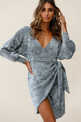 Isolde Ribbed Velour Wrap Dress Grey